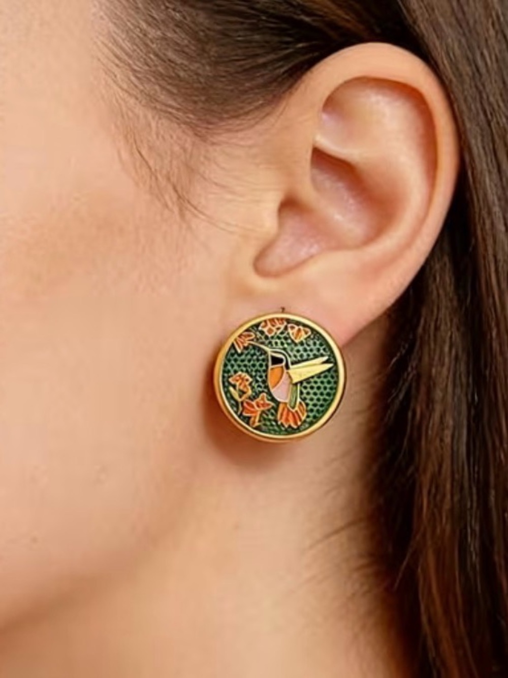 Gold-Tone Green & Orange Hummingbird Enamel Stud Earrings - Women Jewelry